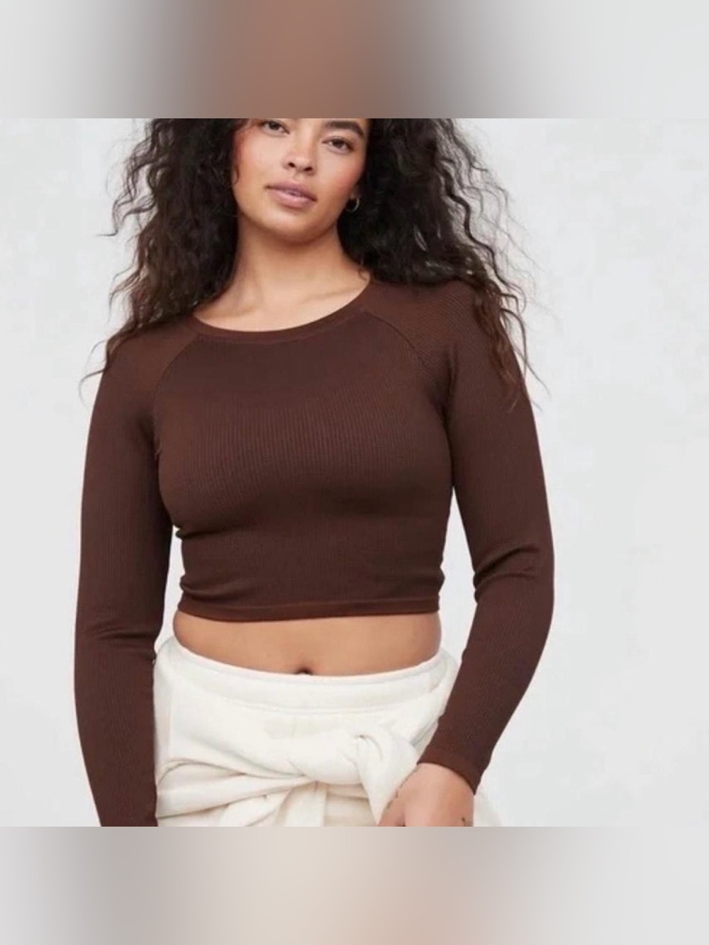 OFFLINE by Aerie Chocolate Brown Waffle Knit Long Sleeve Crop Top S